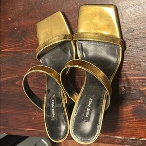 Nine West Gold Square Toe Slip On Mule Sandal Heels